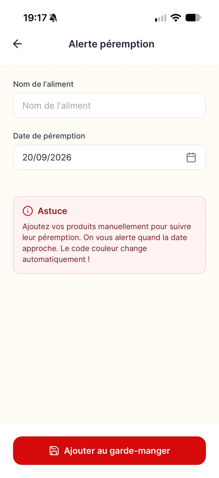 Écran d'alerte péremption de ScanEat pour suivre la date limite d'un aliment
