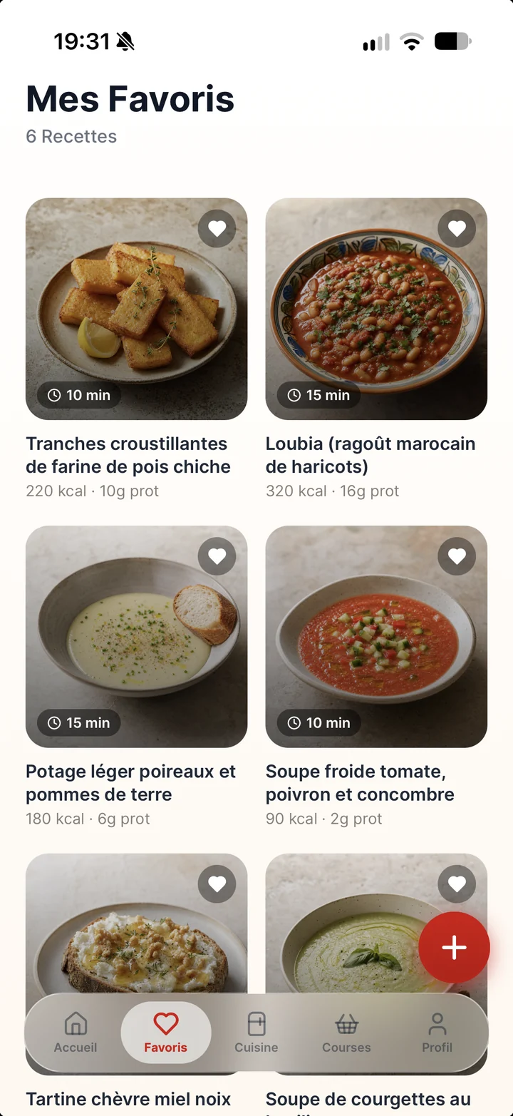 Écran « Mes favoris » de ScanEat avec les recettes enregistrées