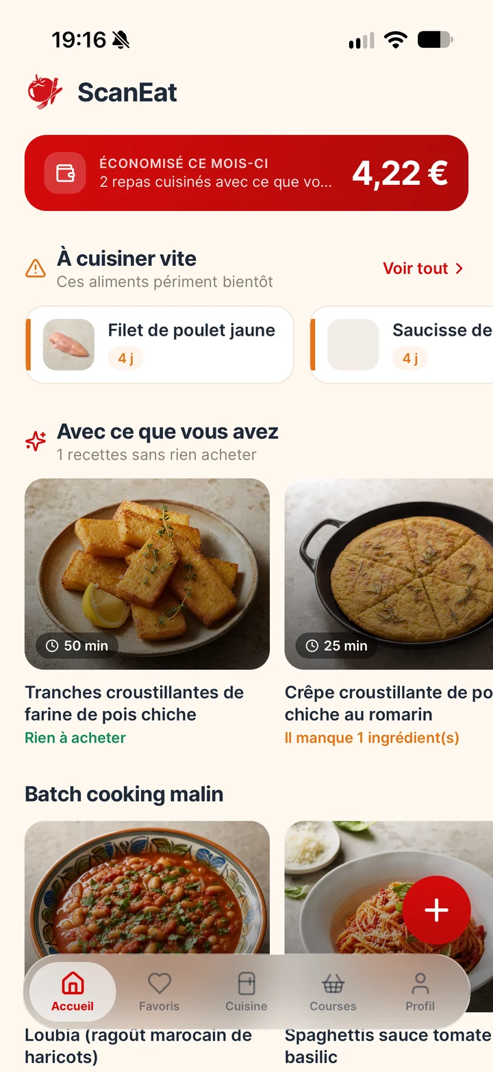 Écran d'accueil de ScanEat : économies du mois, aliments à cuisiner vite et recettes avec ce que vous avez
