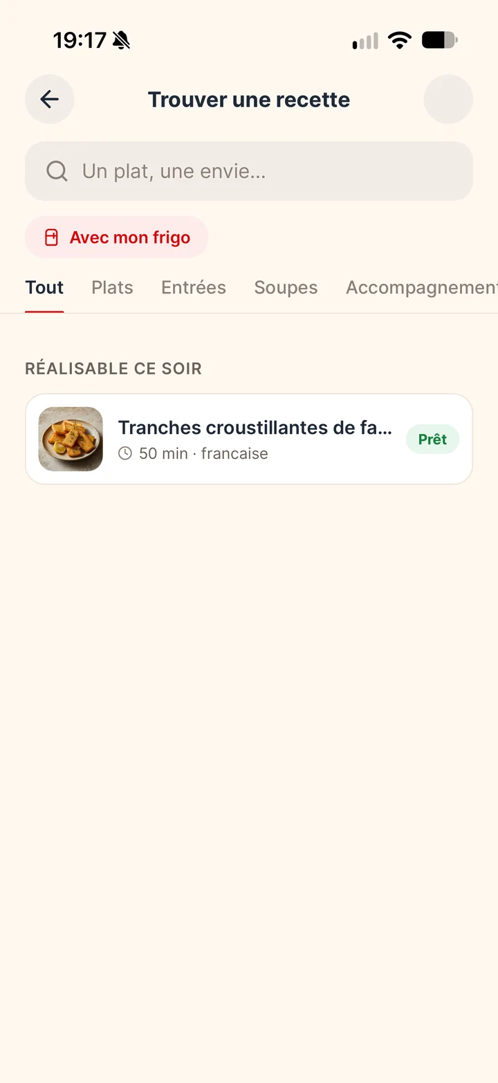 Écran « Trouver une recette » de ScanEat avec le filtre « Avec mon frigo »