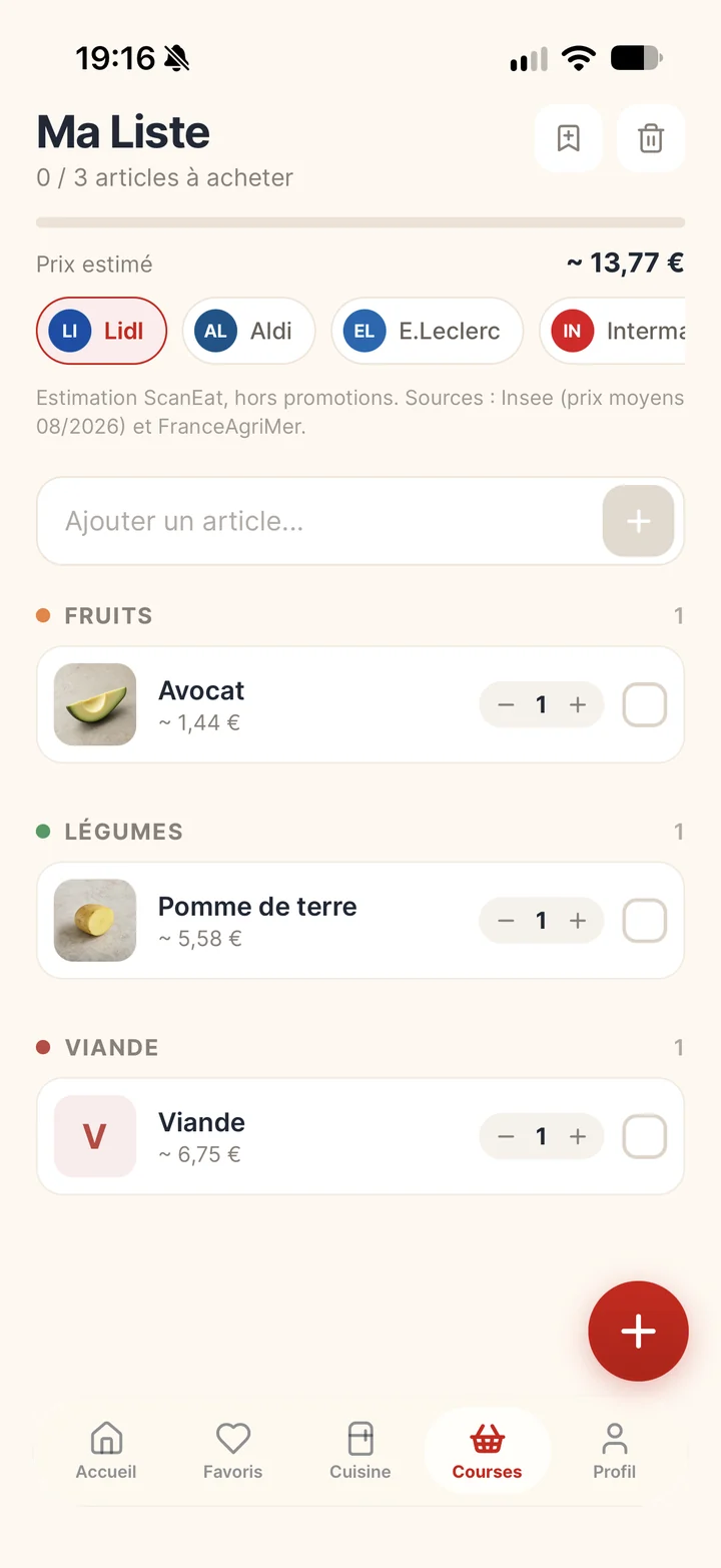 Écran « Ma liste » de ScanEat : liste de courses avec prix estimé selon l'enseigne